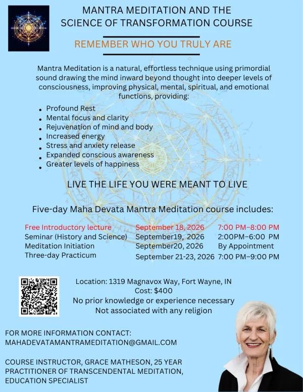 Mantra Meditation and Science of Transformation course flyer — five-day Maha Devata course at 1319 Magnavox Way, Fort Wayne, IN. Cost $400. Contact mahadevatamantrameditatation@gmail.com
